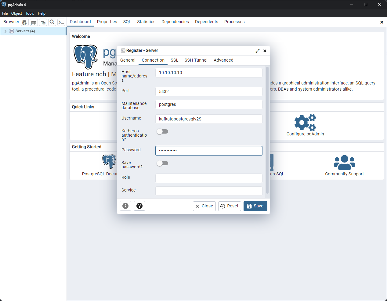 pgAdmin connection window